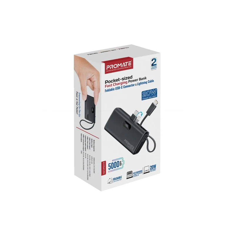 Promate NanoPack-5 Pocket-Sized, Fast Charging Power Bank with Foldable USB-C Connector and Lightning Cable - Black Promate NanoPack-5 Pocket-Sized, Fast Charging Power Bank with Foldable USB-C Connector and Lightning Cable - Black
